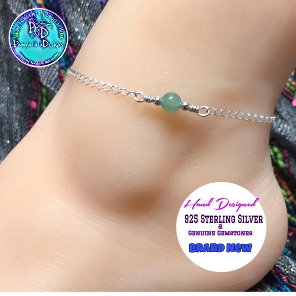 Green Aventurine Sterling Silver Ankle Bracelet- Green Aventurine Anklet - Picture 1 of 7